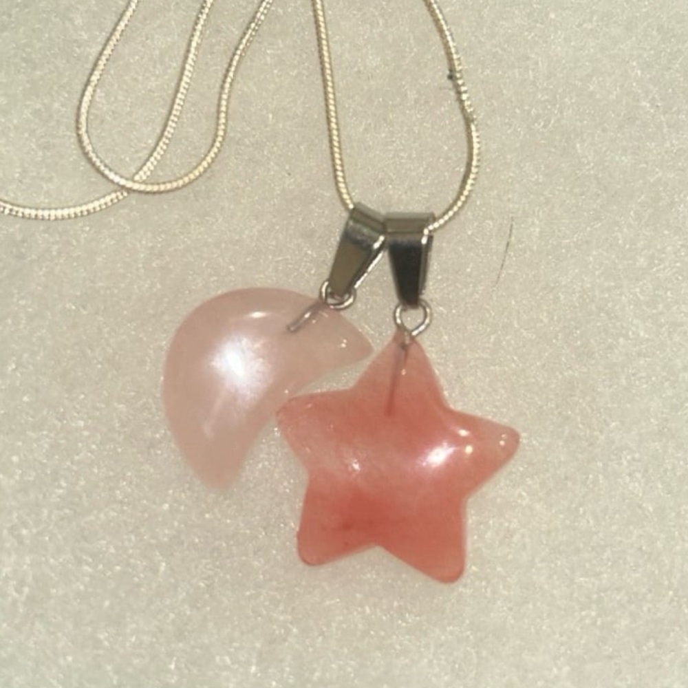Boho hippie Cherry Quartz Star ⭐️ and Rose Quartz Moon 🌙 Silver Neckla…